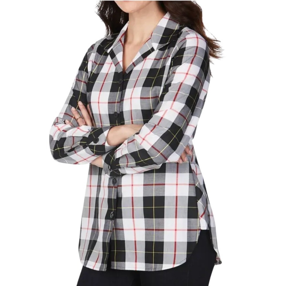 FOXCROFT Pandora Sinclair Tartan Plaid NO-IRON BUTTON-UP SHIRT Tunic Length 8
